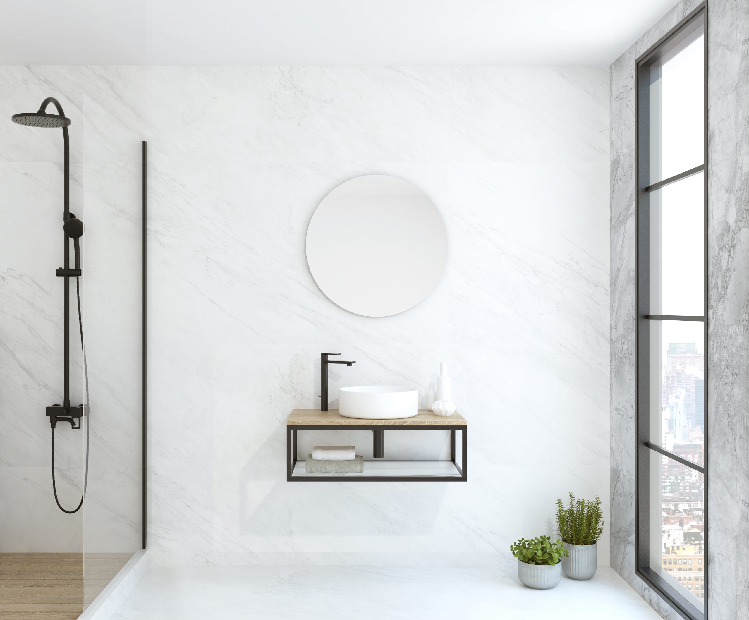 Pack NU + lavabo + miroir circulaire LED