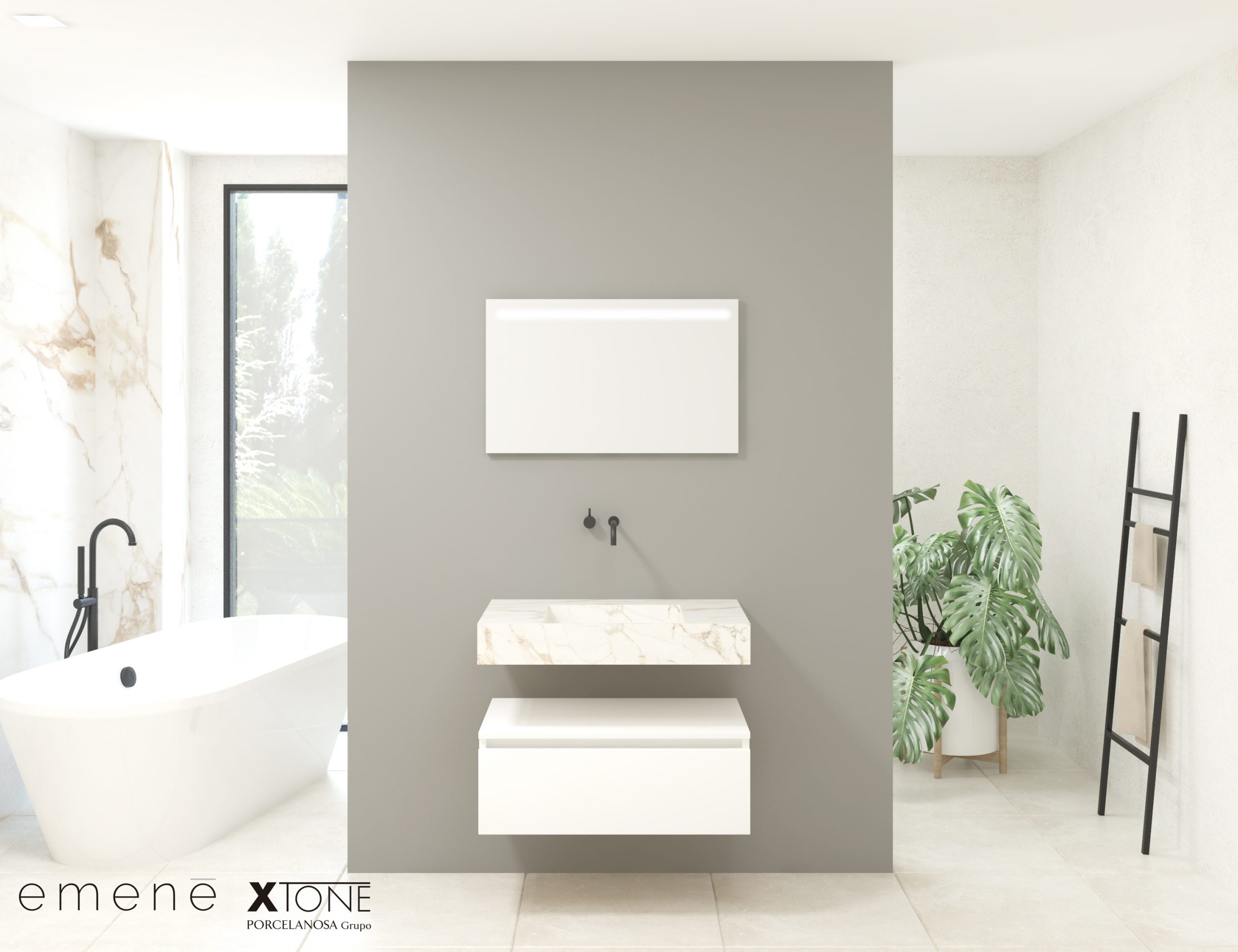 Pack BIENS + lavabo porcelánico suspendido + espejo LED