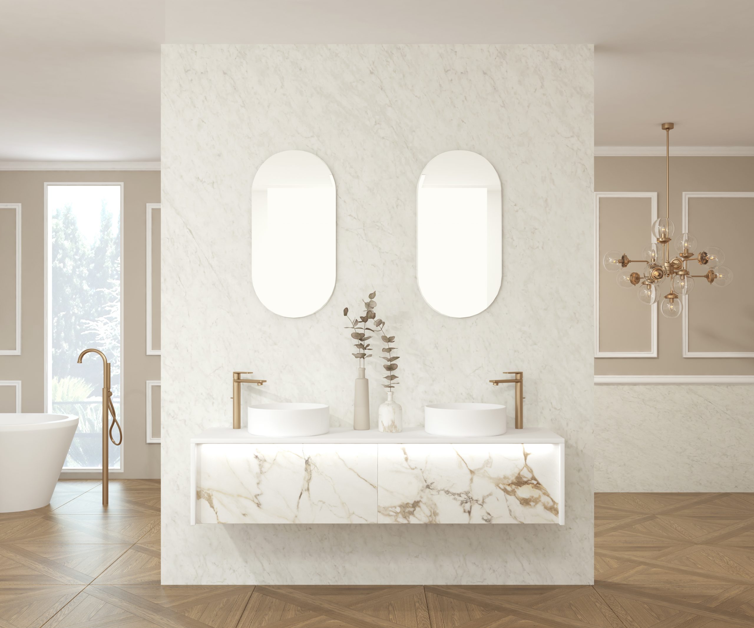 Pack BRILLER Xtone Calacatta + double lavabo + miroir capsule