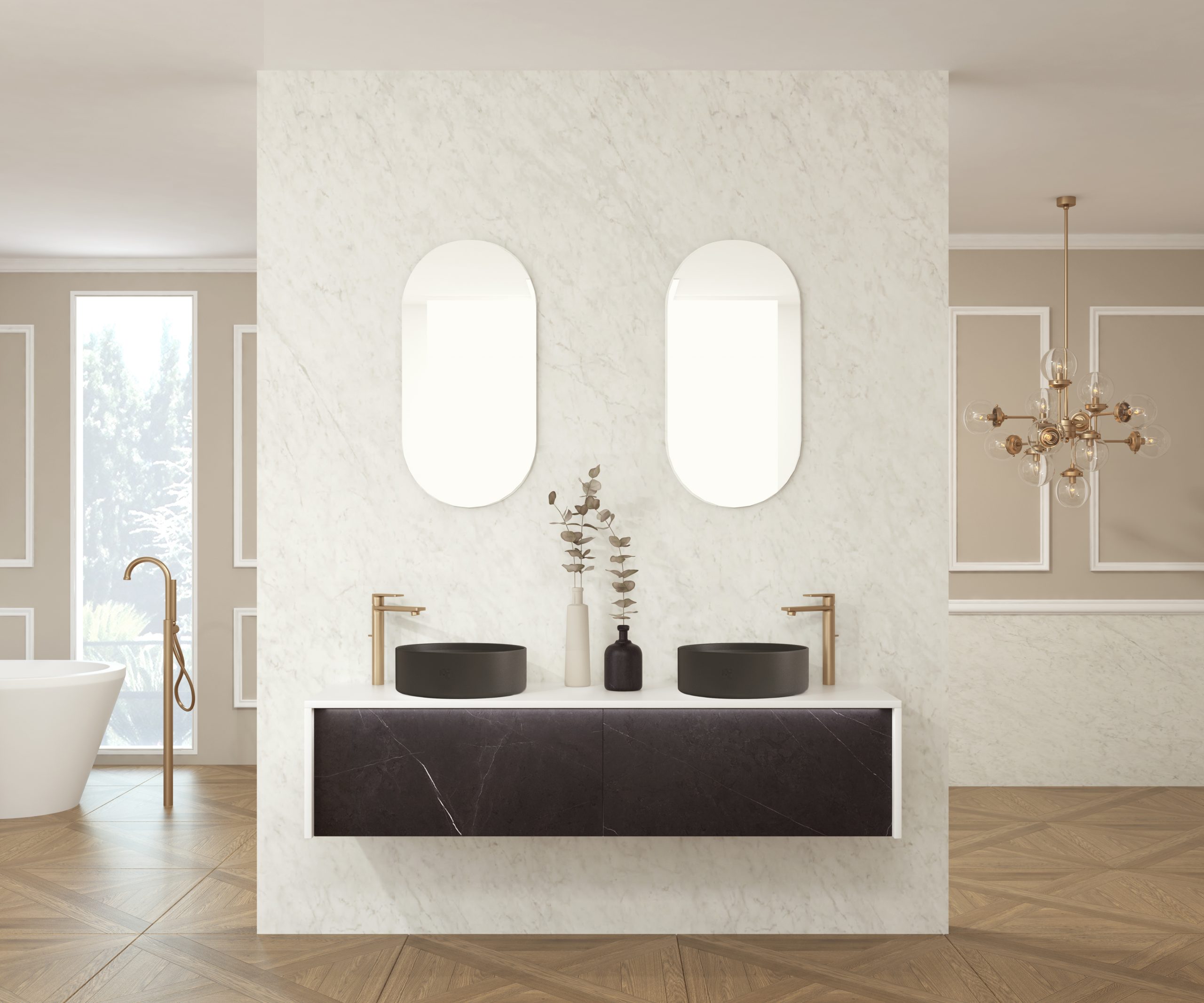 Pack BRILLER Xtone liem black + doble lavabo + espejo cápsula