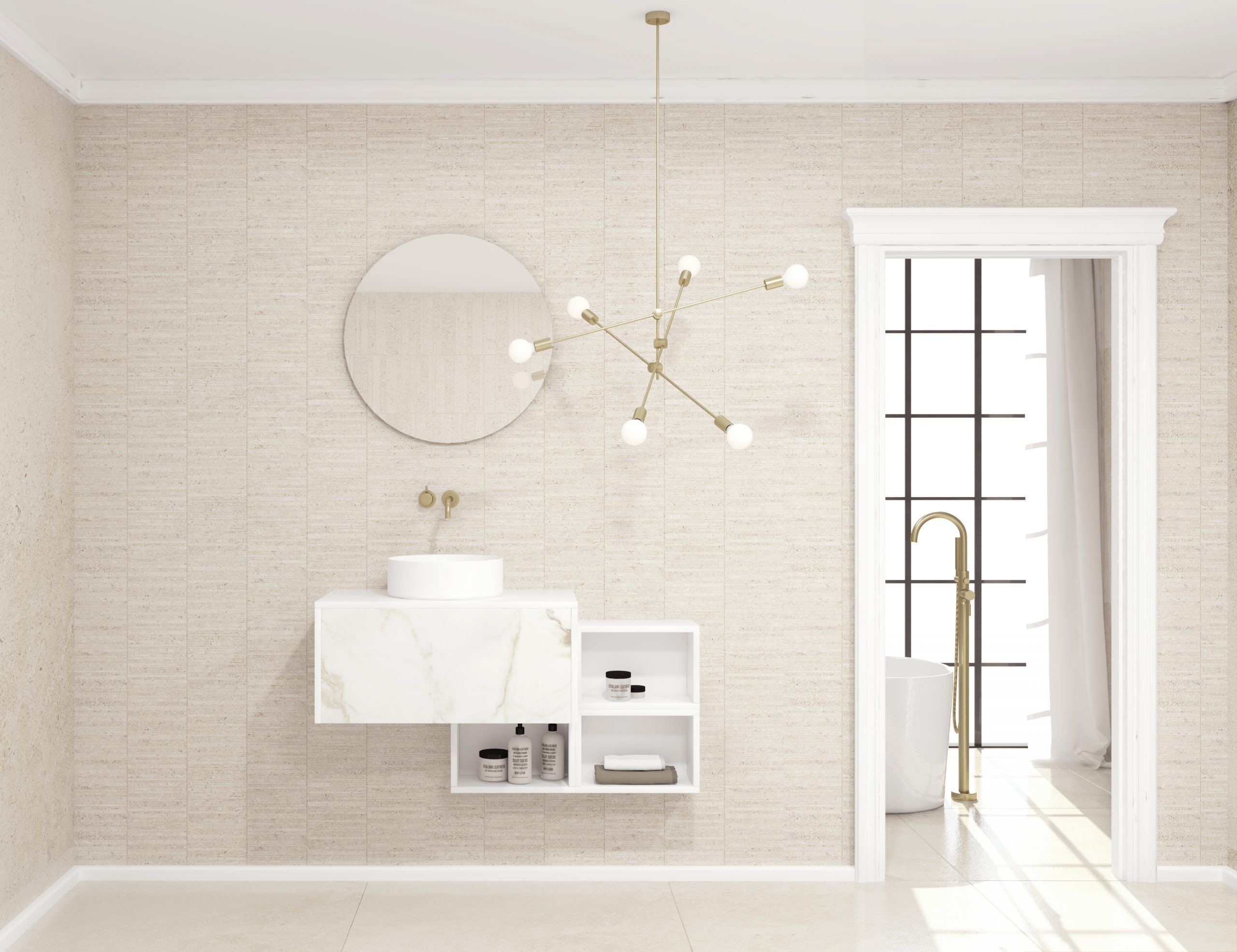 Pack COIN Xtone Calacatta + lavabo + miroir circulaire