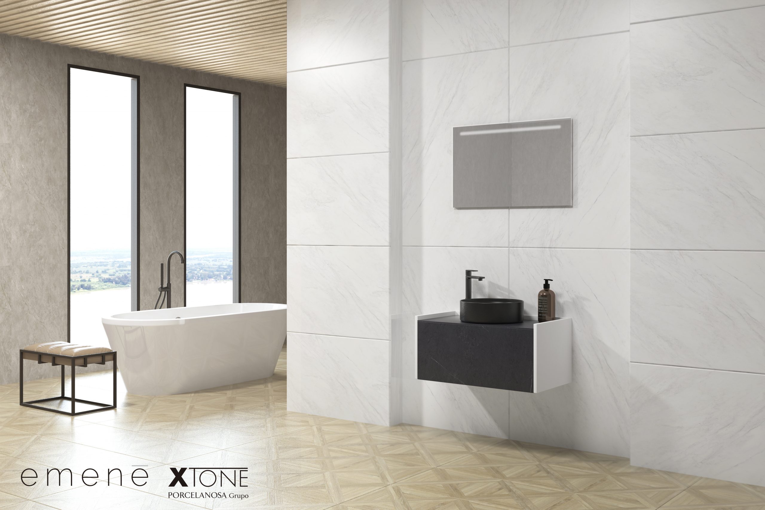 Pack CASCADE liem black + lavabo porcelánico suspendido + espejo LED