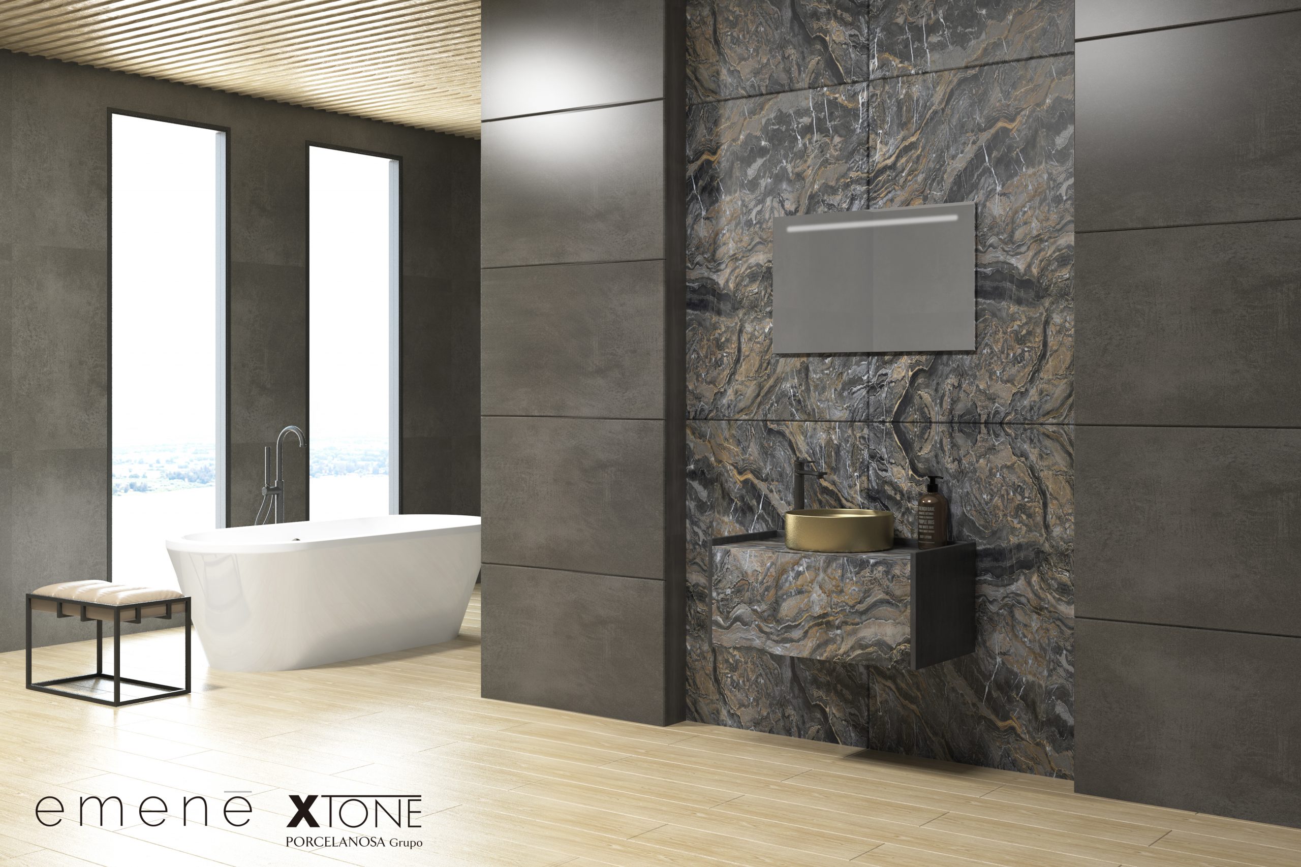 Pack CASCADE Xtone orobico dark + lavabo ORO + espejo LED