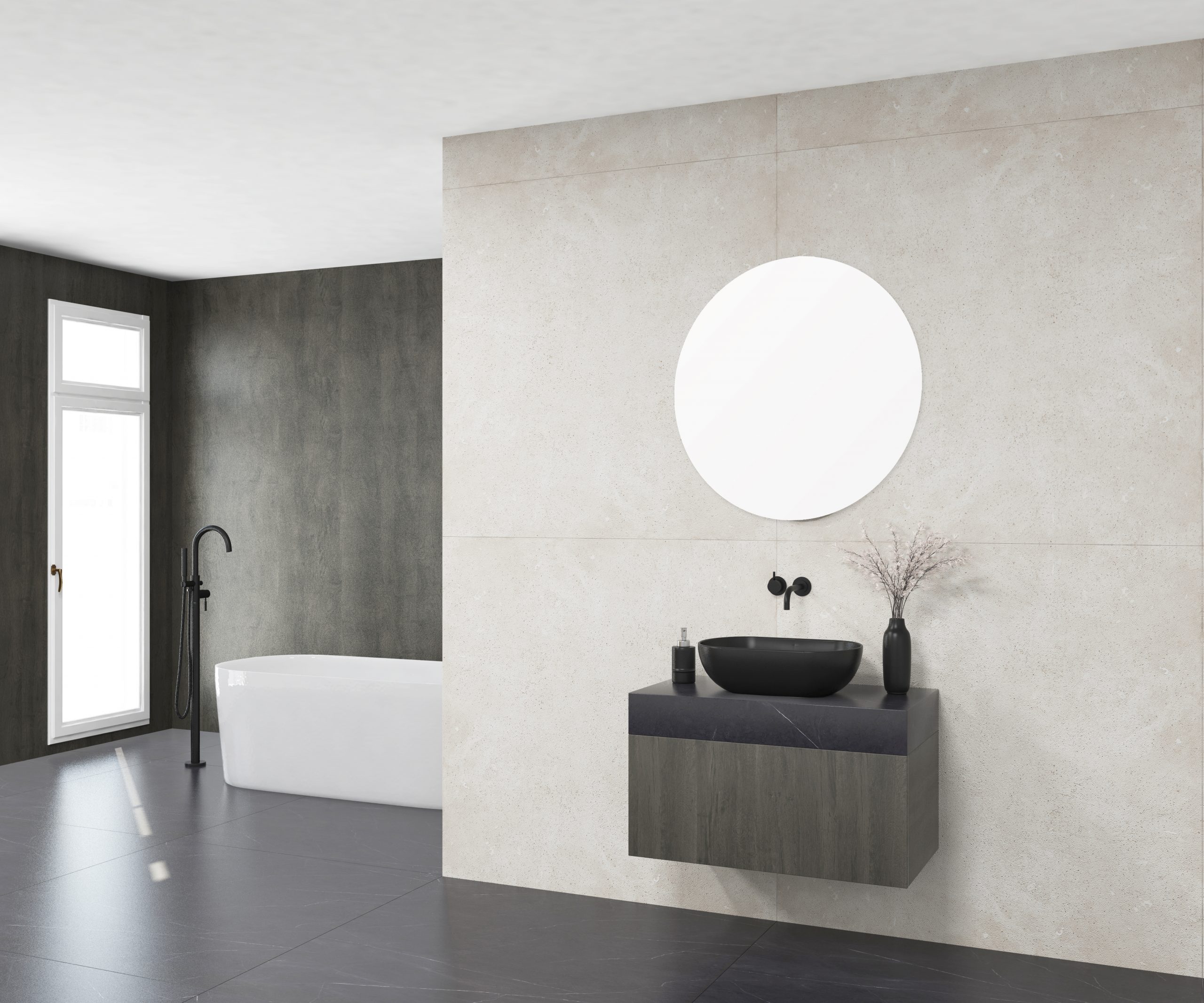 Pack MOITIÉ Xtone liem black + lavabo + miroir circulaire