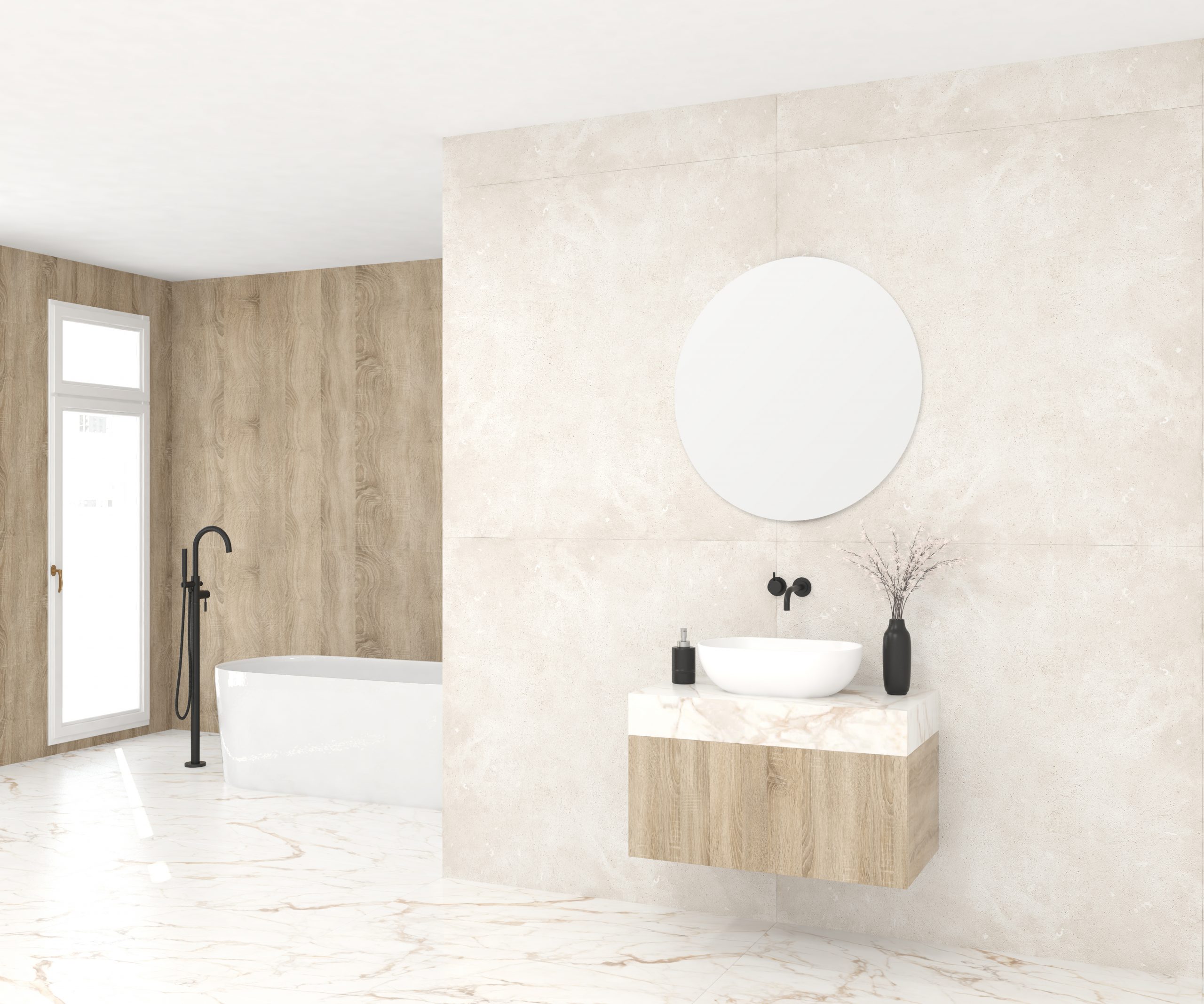 Pack MOITIÉ Xtone Calacatta doré + lavabo + miroir circulaire