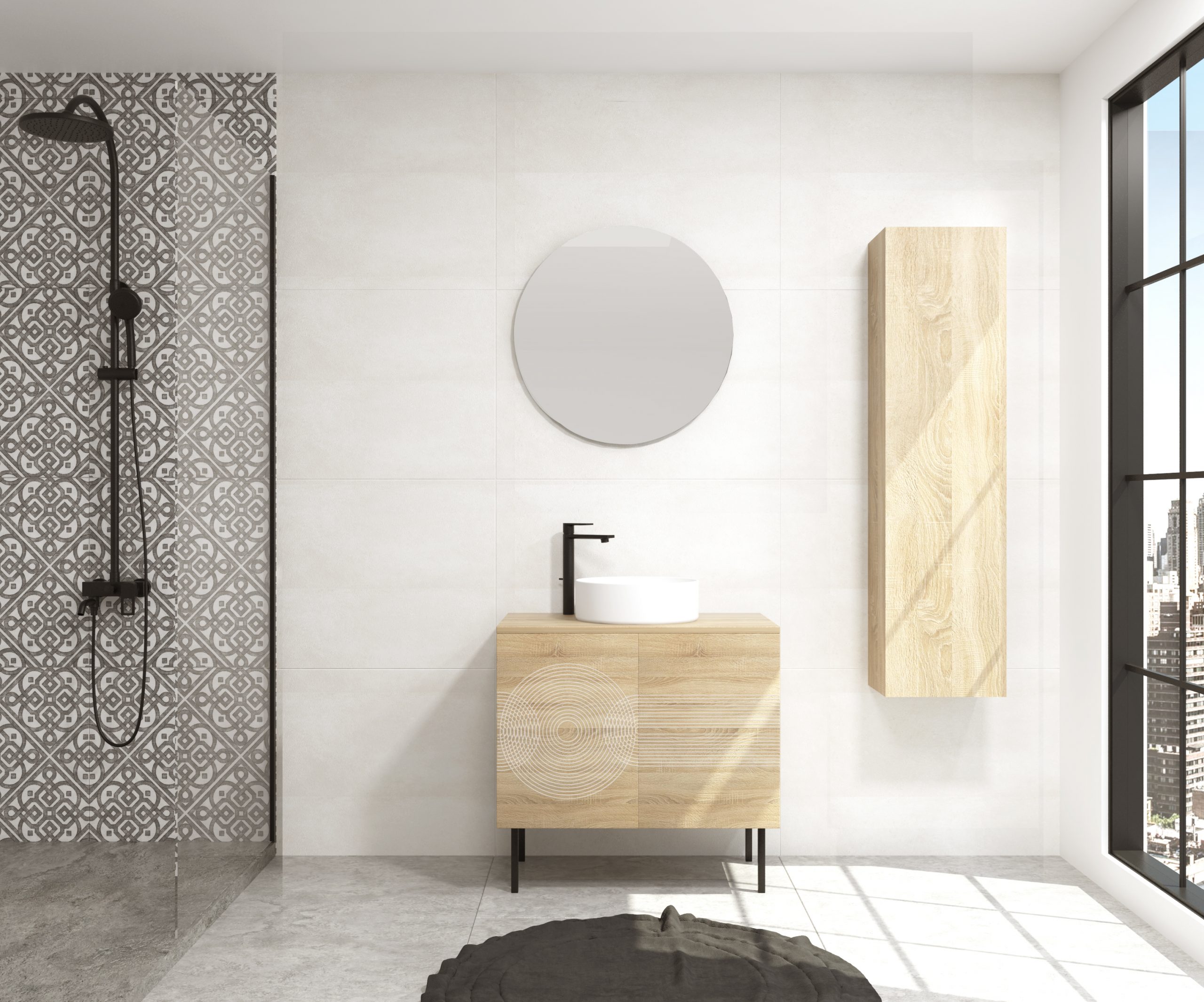 Pack mueble de baño ANNEAU + lavabo + espejo circular LED