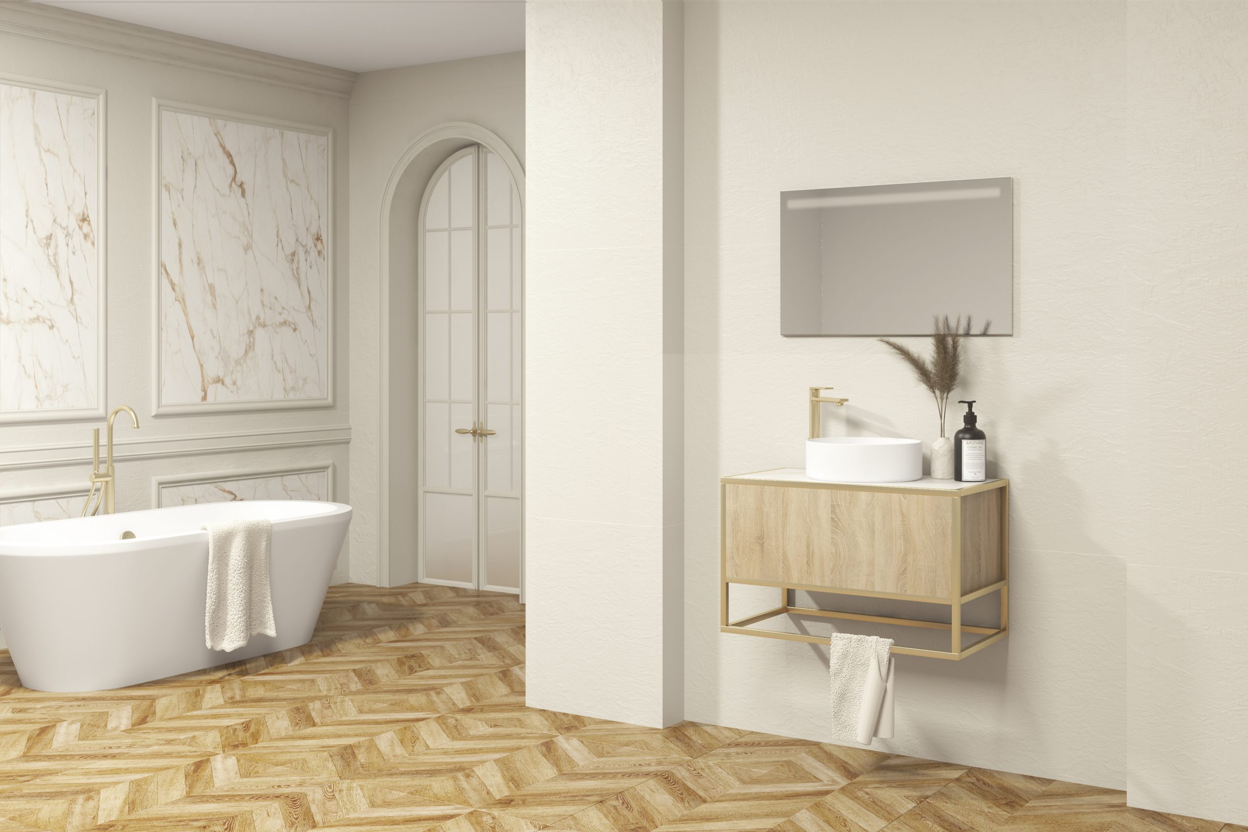 Pack ÉLÉGANT XTONE : Cadre doré + Vasque + Miroir LED